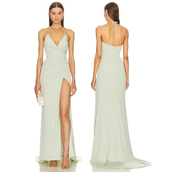 Katie May Jupiter Gown Maxi Halter Neck Ruched Jersey Side Slit Sage Size Large - Picture 1 of 16